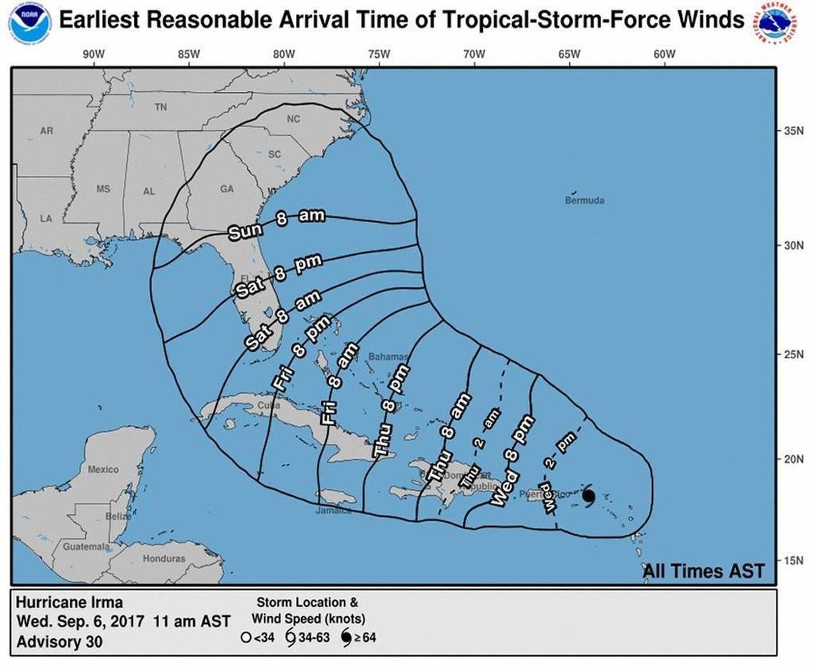 Earliest reasonable arrival time of tropical storm force winds from Hurricane Irma.