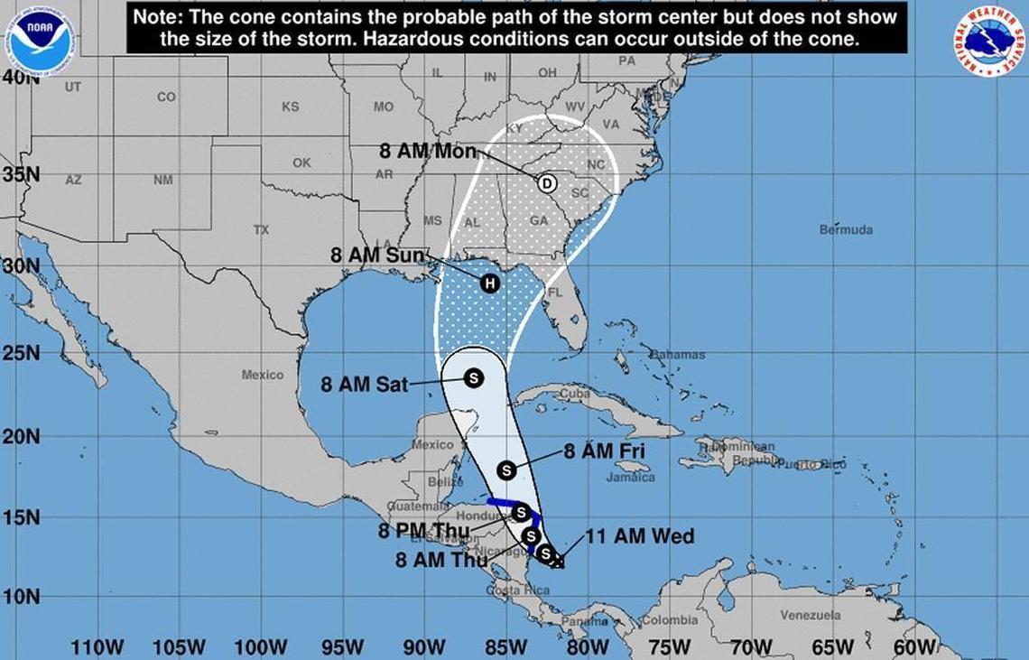 A forecast cone for a growing tropical depression as of 11 a.m. Wednesday, Oct. 4, 2017.
