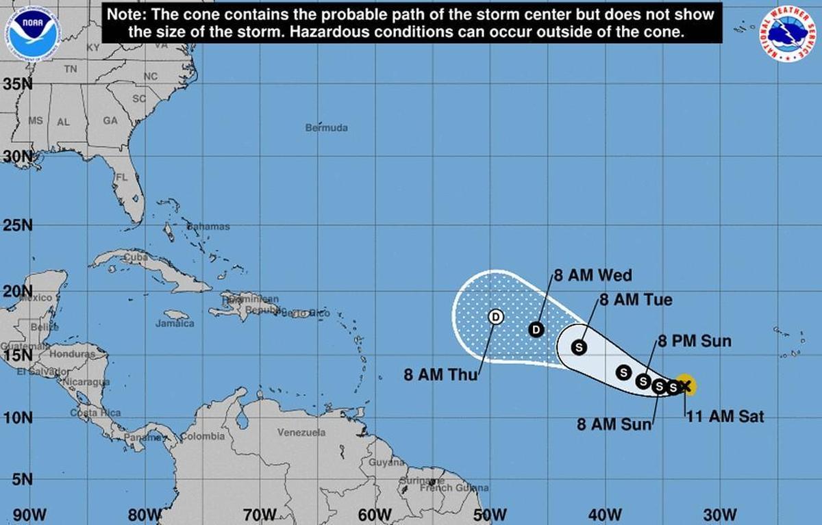 A forecast cone for Tropical Storm Lee as of 11 a.m. Saturday, Sept. 16, 2017.