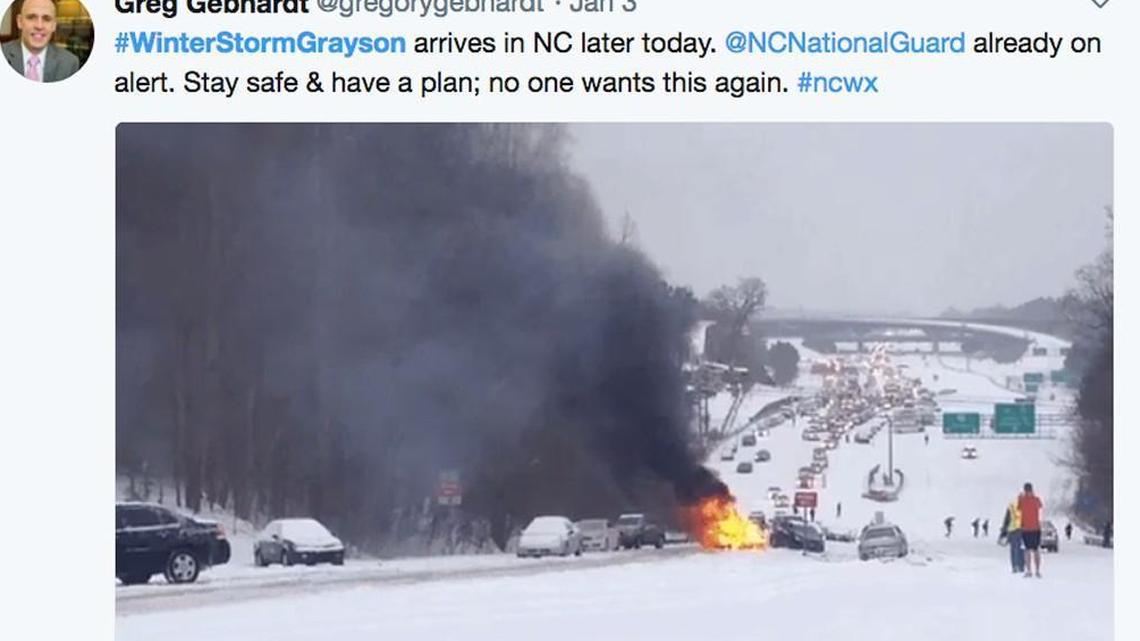 A screenshot of a tweet by Greg Gebhardt regarding Winter Storm Grayson’s arrival in North Carolina Wednesday, Jan. 3, 2018.