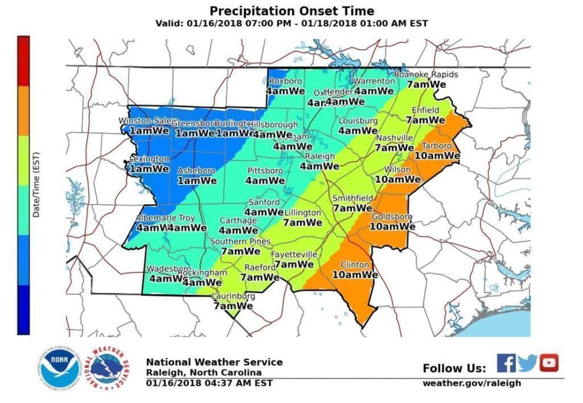 A forecast map showing precipitation onset time for Central North Carolina Wednesday, Jan. 17, 2018.