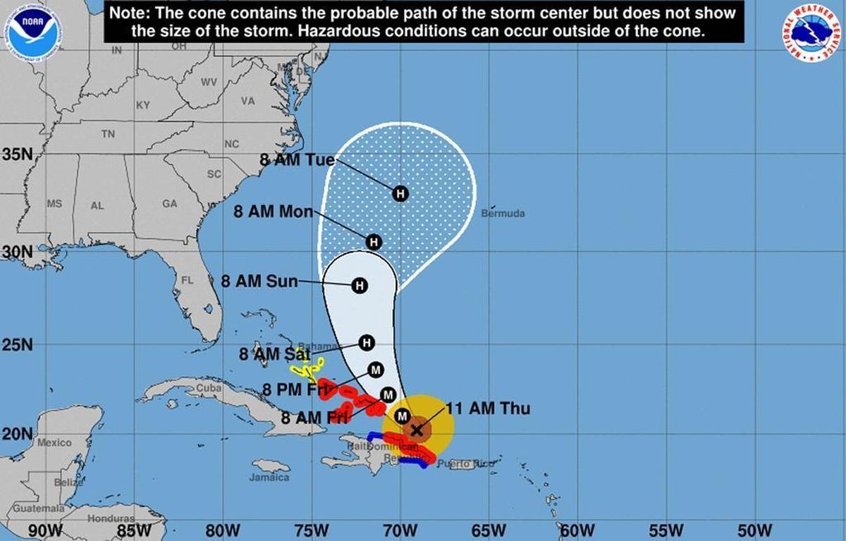 A forecast cone for Hurricane Maria as of 11 a.m. Thursday, Sept. 21, 2017.