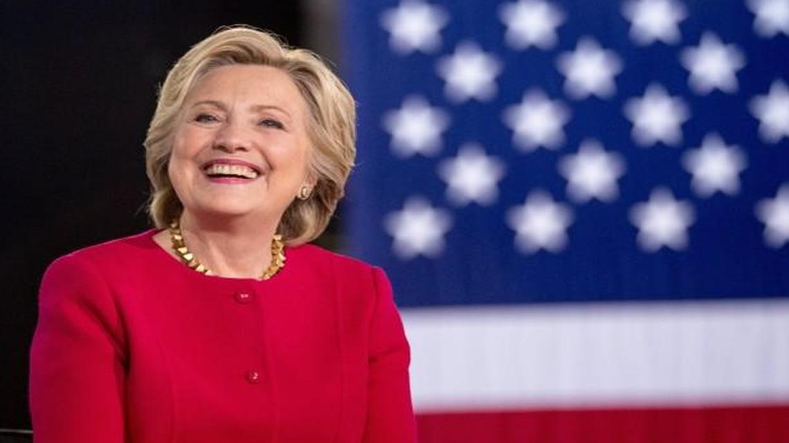 Democratic presidential candidate Hillary Clinton. smiles while on stage at a town hall in Haverford, Pa.