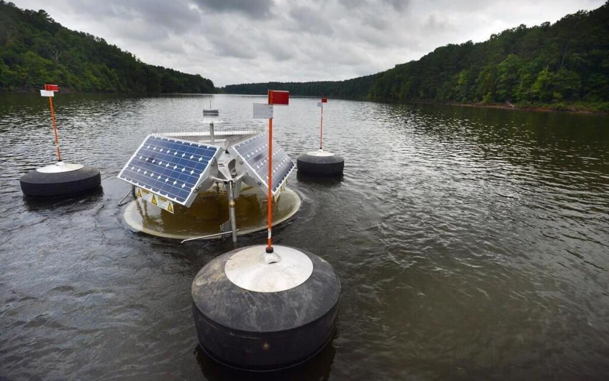 One of the 36 SolarBee units deployed on Jordan Lake.