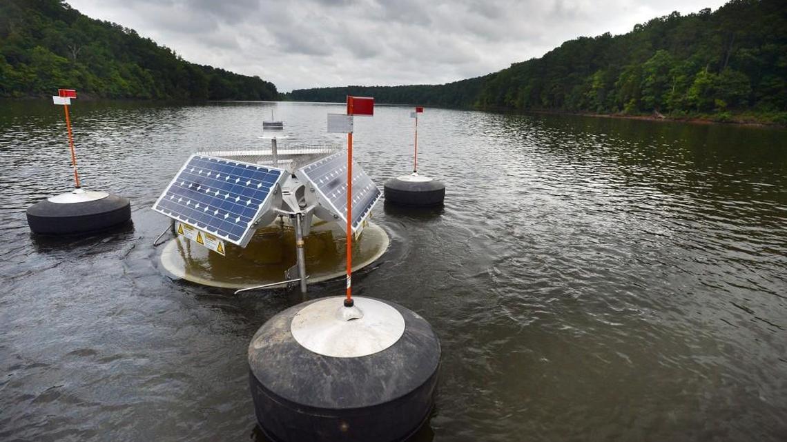 One of the 36 SolarBee units that were deployed on Jordan Lake.