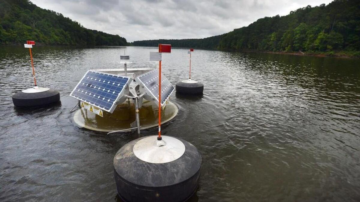 One of the 36 SolarBee units that were deployed on Jordan Lake. The stirring machines were found to be ineffective in clearing the lake of algae blooms.