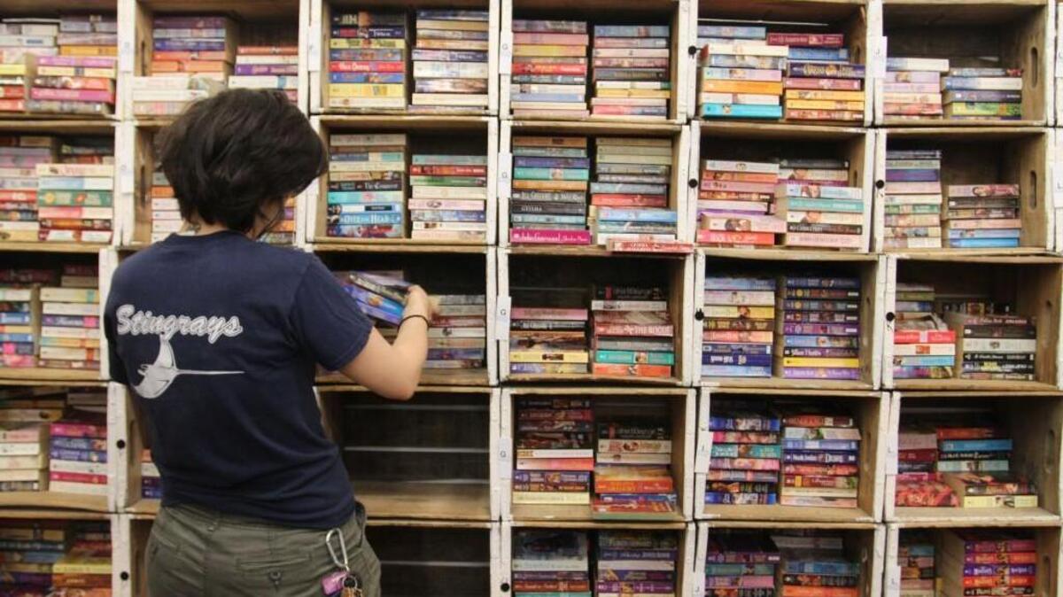 Dani Hoffpauir, music manager at Edward McKay Used Books & More, organizes a wall of romance novels as part of a past renovation. The Raleigh store closed last week.
