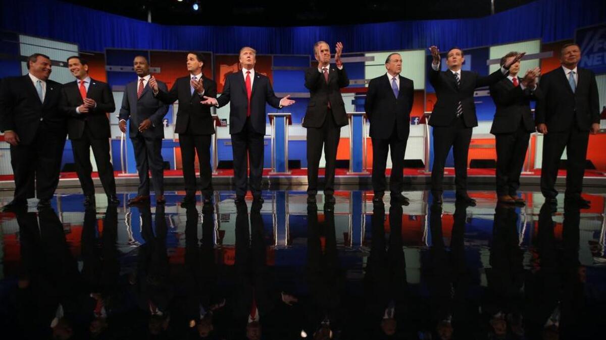 ABOVE:  Ten Republican presidential candidates   take the stage for the debate Thursday.  LEFT:    Sen. Lindsey Graham  speaks during a pre-debate forum.