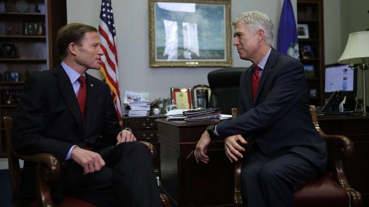 U.S. Supreme Court nominee Judge Neil Gorsuch (R) meets with Sen. Richard Blumenthal (D-CT) (L) in Blumenthal's office Feb. 8. Blumenthal said the judge told him President’s Trump’s criticism of judges is “disheartening” and “demoralizing.”