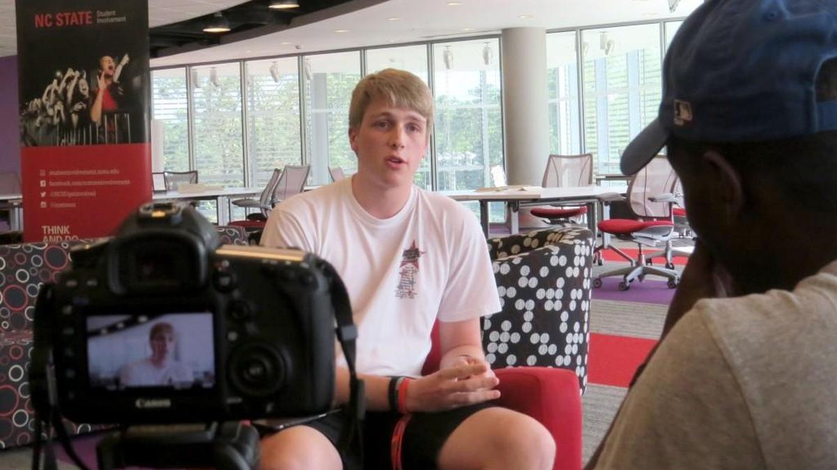 Jordan Cousins is interviewed at N.C. State’s Talley Student Center in Raleigh for a documentary on DKMS’s efforts to provide bone marrow and stem cell donors to help fight blood cancer.