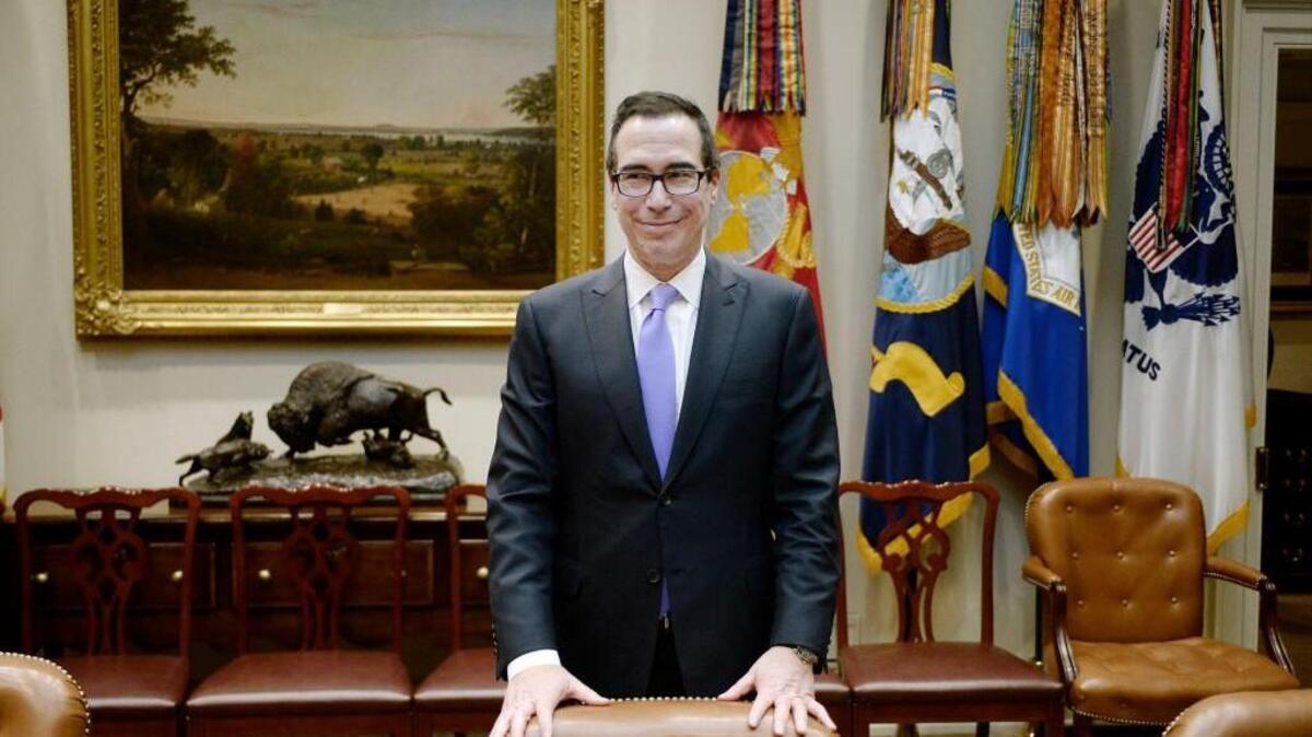 Treasury secretary Steve Mnuchin looks on before discussing the Federal budget in the Roosevelt Room of the White House on Feb. 22, 2017 in Washington, D.C.