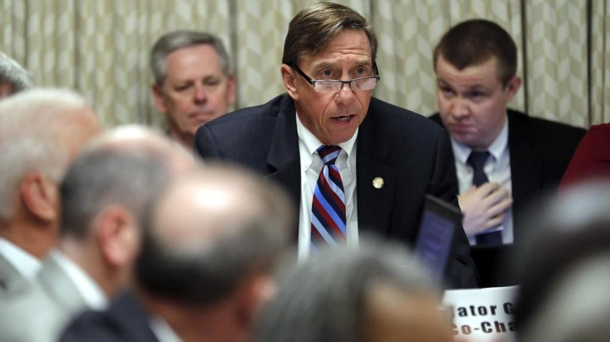 Sen. Rick Gunn poses a question as Larry Hall appears before a state Senate committee for his confirmation hearings regarding his nomination for Secretary for Military and Veterans Affairs. He was confirmed for the position.