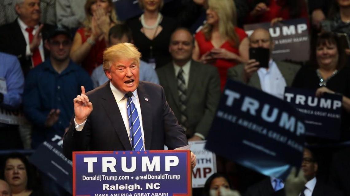 Republican presidential candidate Donald Trump speaks at Dorton Arena in Raleigh on Dec. 4, 2015. From there, he overcame a big field to become the GOP’s likely nominee. (AP Photo/Ted Richardson)