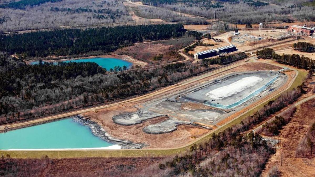 An aerial photo taken by the Waterkeeper Alliance shows coal ash impoundments at the Duke Energy Cape Fear Plant.