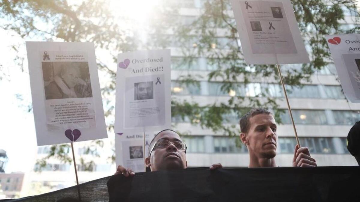 NEW YORK, NY - AUGUST 17: Recovering drug users, activists and social service providers hold a morning rally calling for "bolder political action" with the overdose epidemic outside of the office of Governor Andrew Cuomo on August 17, 2017 in New York City. According to the latest data available from the National Institute on Drug Abuse, nearly 35,000 people across America died of heroin or opioid overdoses in 2015.