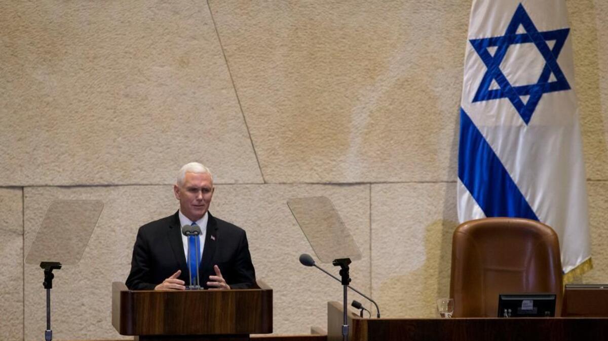 U.S. Vice President Mike Pence speaks in Israel’s parliament in Jerusalem.