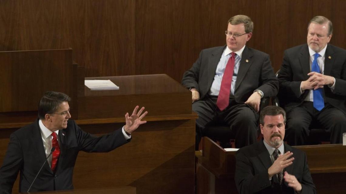 Gov. Pat McCrory delivers his 2015 State of the State address as House Speaker Tim Moore and Senate leader Phil Berger, far right, look on. GOP leaders have claimed funding increases by using the extremely reduced Great Recession state budgets as a base.