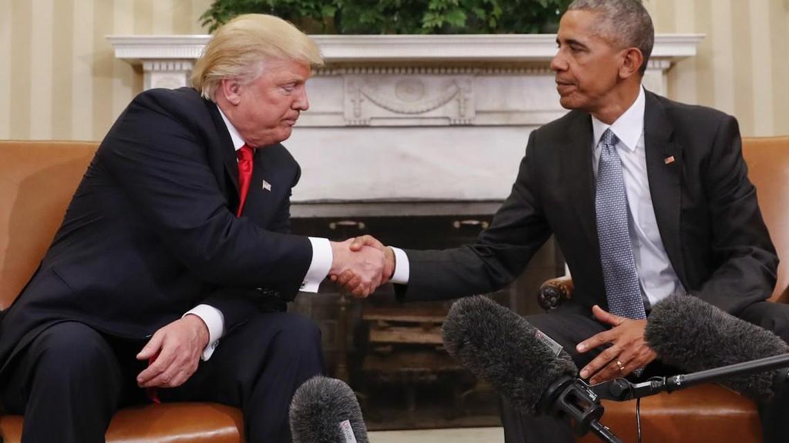 In this Nov. 10, 2016 photo, President Barack Obama and President-elect Donald Trump shake hands following their meeting in the Oval Office of the White House in Washington.