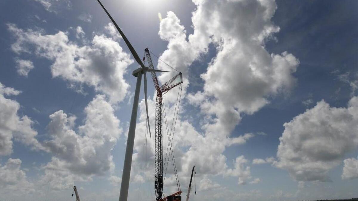 A large crane holds the blade assembly as it is attached to the nacelle August 10, 2016 at the Amazon Wind Farm near Elizabeth City, N.C. . The complete assembly is 492 foot tall and there are 104 turbines planned for the site.