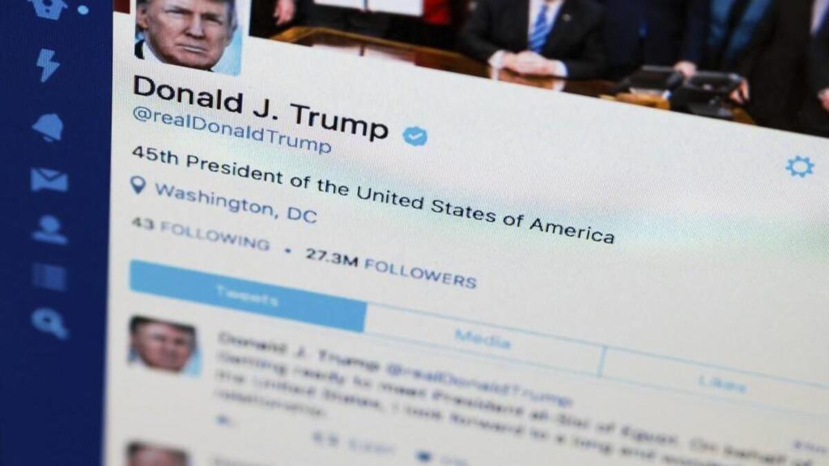 President Donald Trump’s tweeter feed is photographed on a computer screen in Washington, Monday. April 3, 2017. The National Archives is telling the White House to keep each of President Donald Trump’s tweets, even those he deletes or corrects.