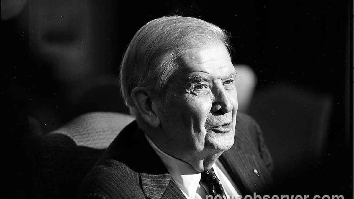 Senator Terry Sanford addresses reporters at a press conference at the Washington Duke Inn in Durham on Nov. 5, 1992.