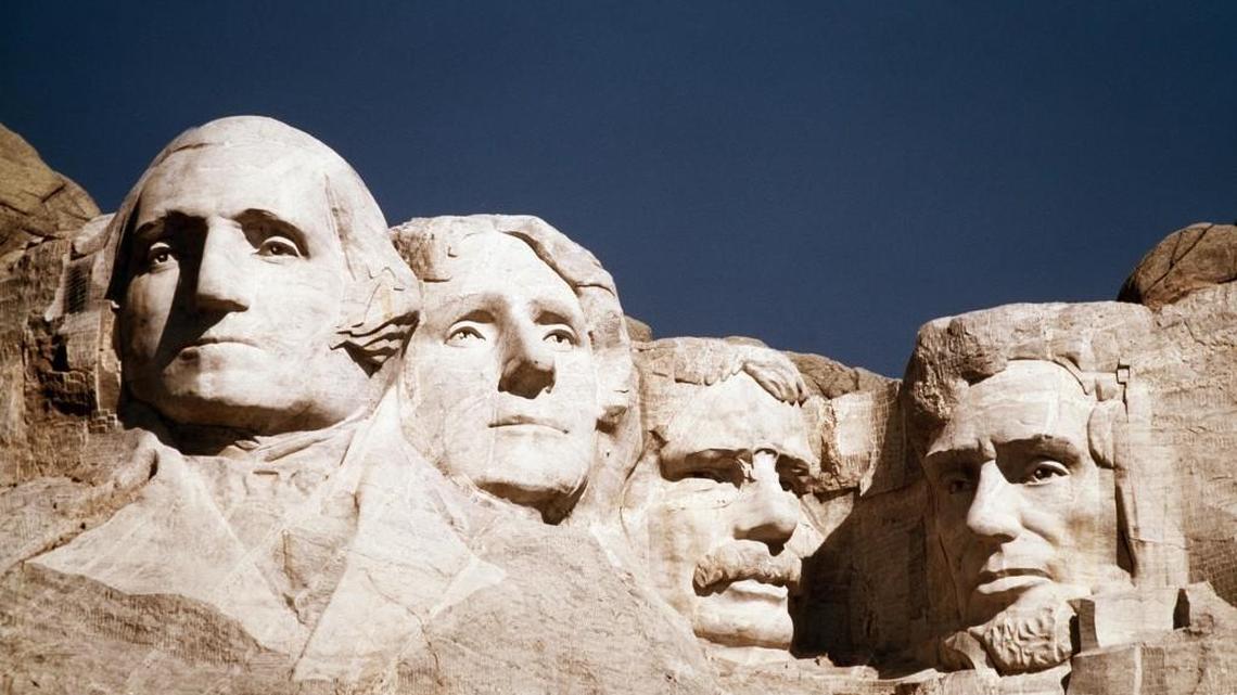 Mount Rushmore is shown in South Dakota. From left are George Washington, Thomas Jefferson, Teddy Roosevelt and Abraham Lincoln.