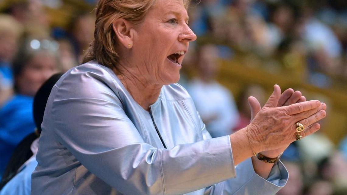 
UNC women's basketball coach Sylvia Hatchell works the sidelines as she coaches the Tar Heels against the Duke women in 2014. 
