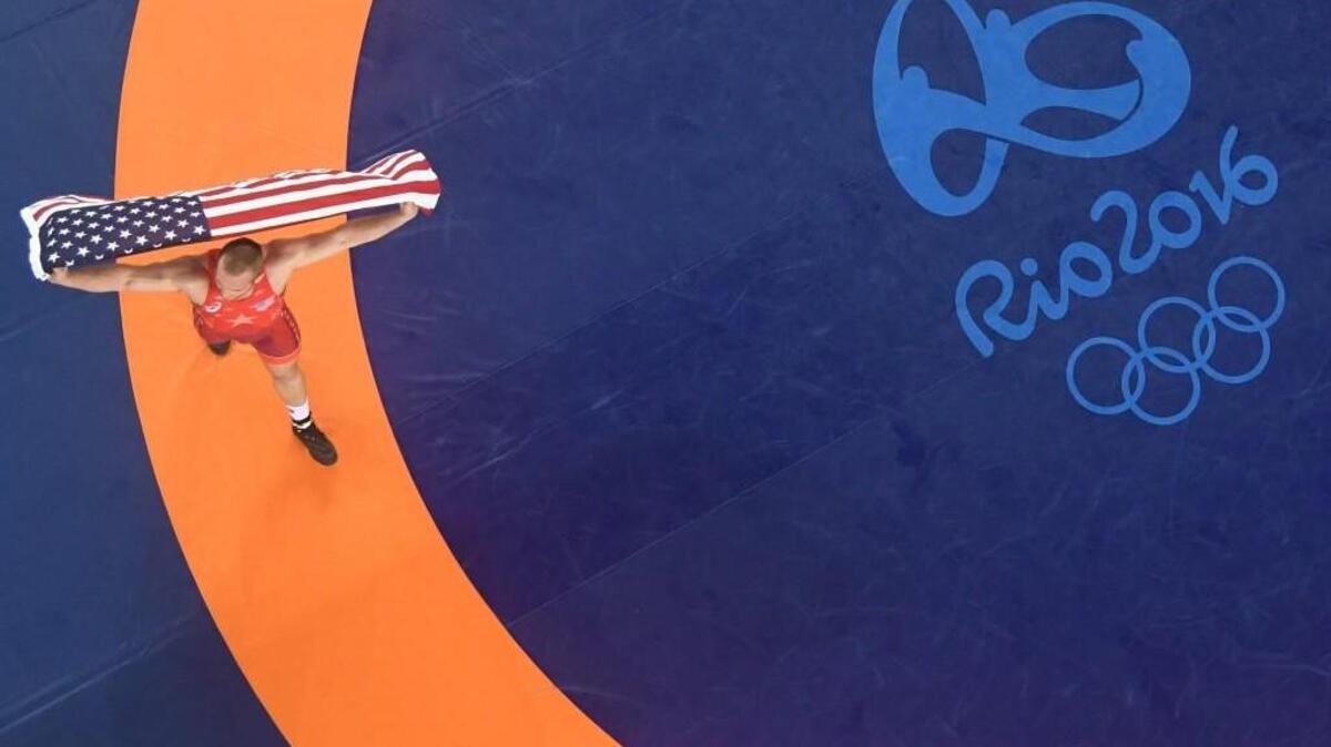 Kyle Frederick Snyder of the United States celebrates after winning gold over Khetag Goziumov (not pictured) of Azerbaijan in the Men's Freestyle 97kg on Day 16 of the Rio 2016 Olympic Games in Rio de Janeiro, Brazil.