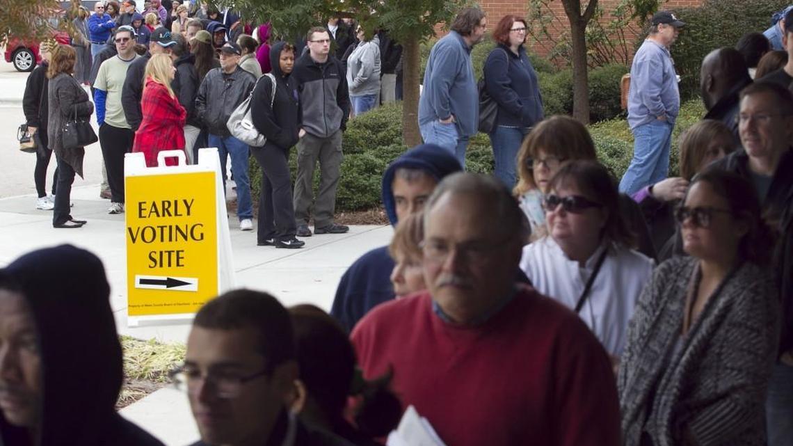 Nearly 300 people were in line at the Northern Regional Center poll in Wake Forest, N.C. when early voting ended at 1 p.m. on Nov, 1, 2014. The US Supreme Court reaffirmed Monday that 28 of North Carolina’s state legislative districts used in elections this decade were illegal racial gerrymanders.