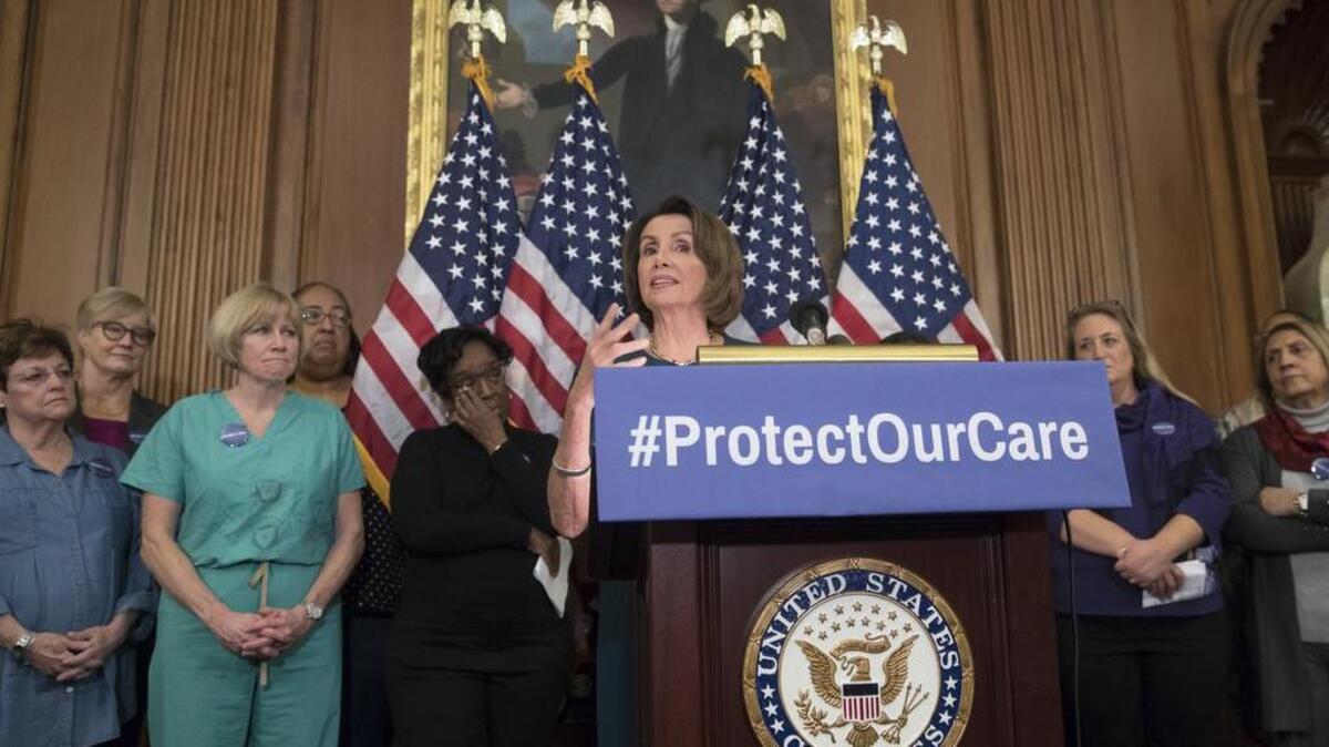 House Minority Leader Nancy Pelosi of Calif. is joined by nurses from around the country on Jan. 25 as she urges protection of patients' rights under the Affordable Care Act which Republicans and President Donald Trump have sworn to abolish.