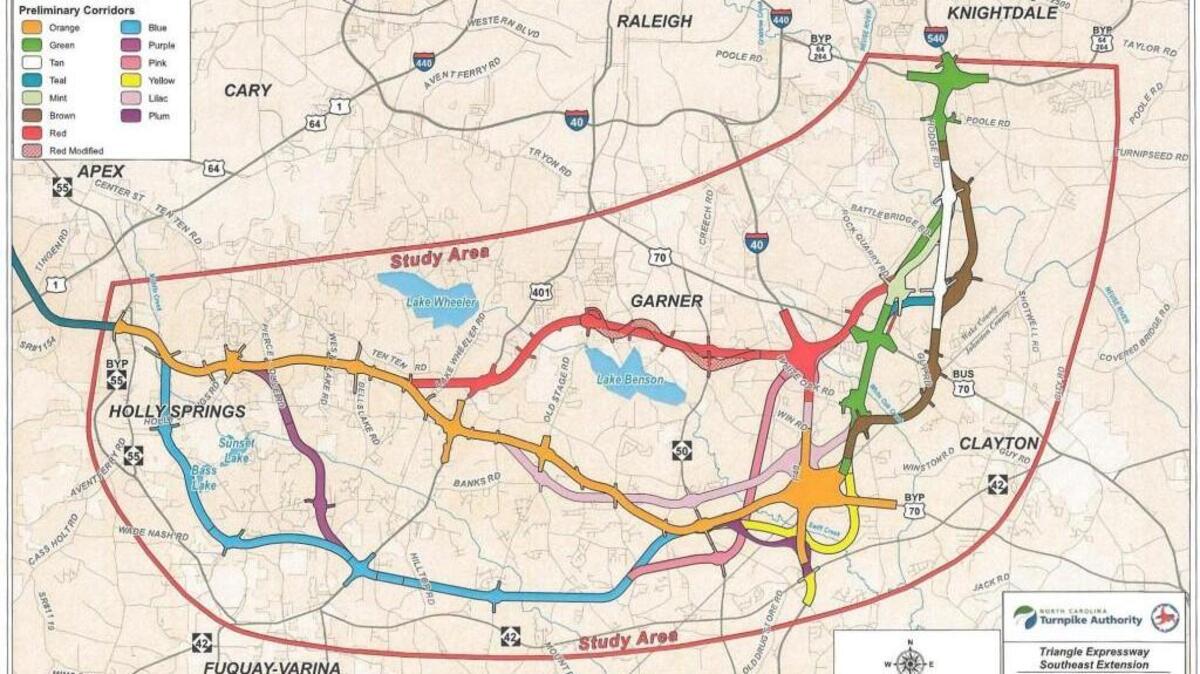 Maps like this now outdated map of possible 540 Outer Loop pathways in southern Wake County could tie up property without compensation under the Map Act. The state Supreme Court has upheld an Appeals Court ruling that the law constituted an illegal taking of land.