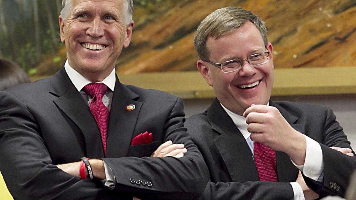 Current House Speaker Tim Moore (right) of Kings Mountain, chats with then-Speaker of the House Thom Tillis at the North Carolina General Assembly in Raleigh in 2013, the year Republicans began a series of corporate and personal income tax cuts.