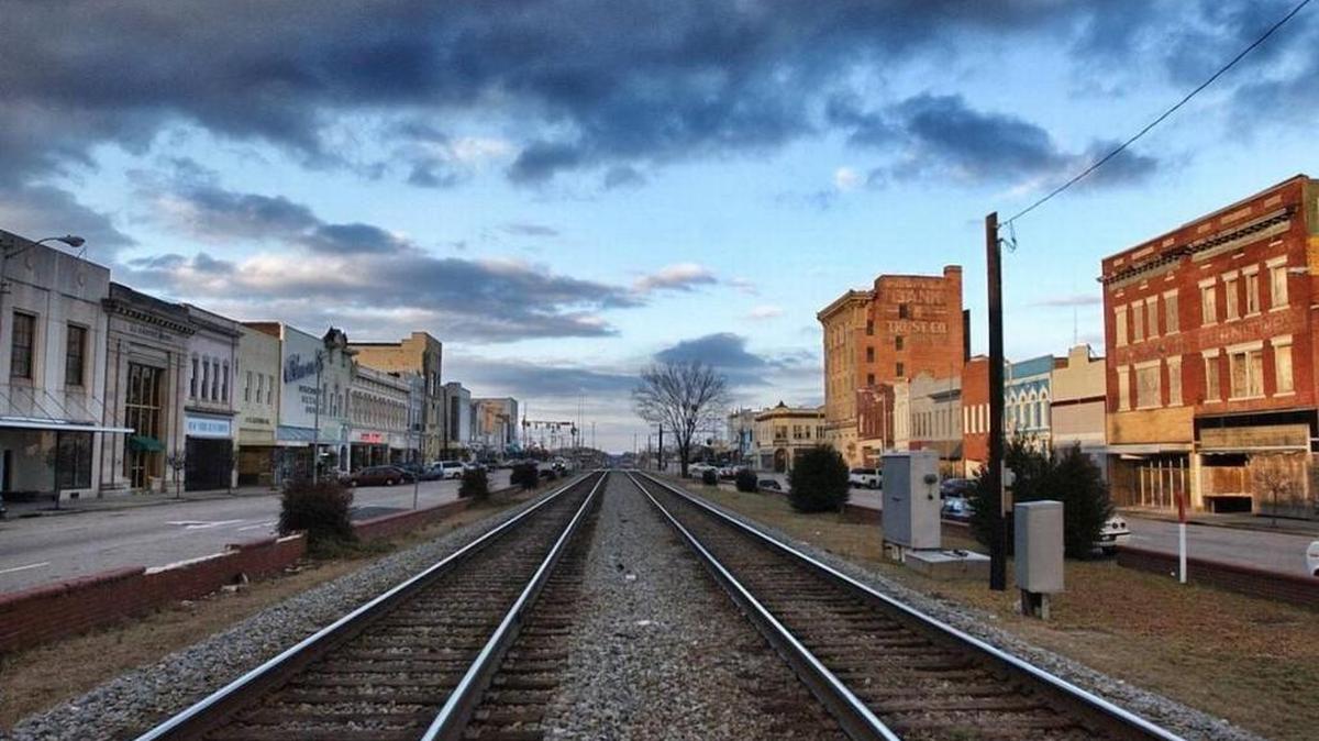Downtown Rocky Mount is divided by railroad tracks. The town’s population has declined since 2010.