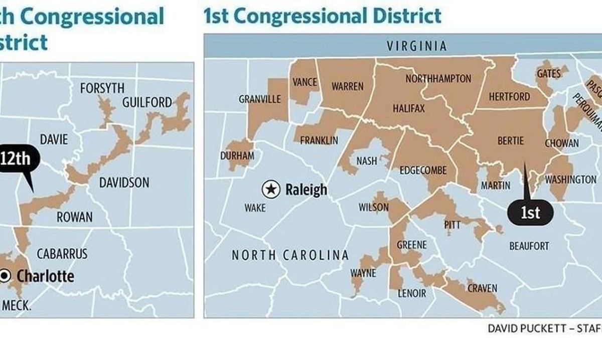 North Carolina s convoluted 1st and 12th congressional districts were ordered redrawn in 2016 after judges found them based on racial gerrymandering.