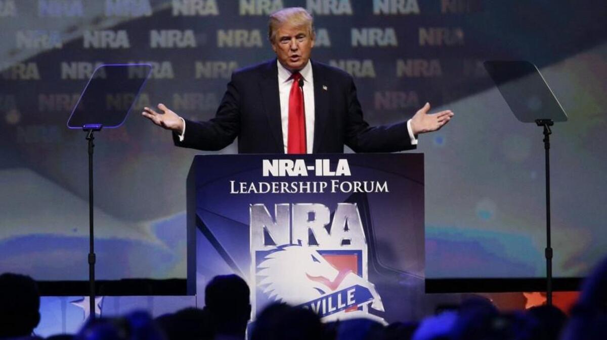 Republican presidential candidate Donald Trump speaks at the NRA Leadership Forum on Friday in Louisville, Ky. (Mark Cornelison/Lexington Herald-Leader/TNS)
