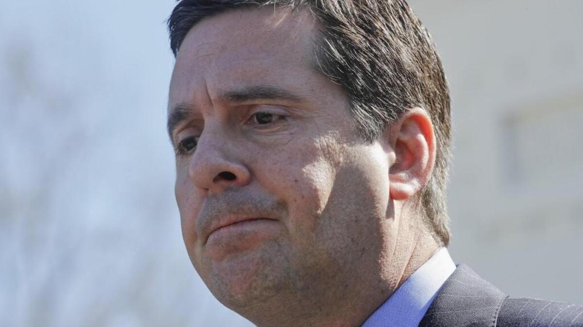 House Intelligence Committee Chairman Rep. Devin Nunes, R-Calif. pauses while meeting with reporters outside the White House in Washington, Wednesday, March 22, following a meeting with President Donald Trump.