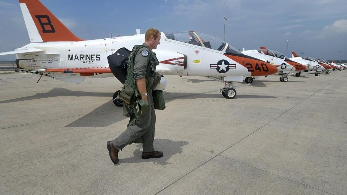 Some of the 35 T-45 jets arrive at Naval Air Station Fort Worth in Fort Worth, Texas on Aug. 24, 2017. Thirty-five Navy and Marines T-45s arrived at Naval Air Station Fort Worth from Kingsville as part of an evacuation in advance of Hurricane Harvey.