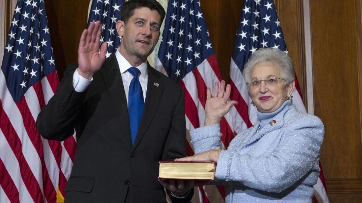 House Speaker Paul Ryan of Wis. administers the House oath of office to Rep. Virginia Foxx, R-N.C., during a mock swearing in ceremony on Capitol Hill in Washington, Tuesday, Jan. 3.