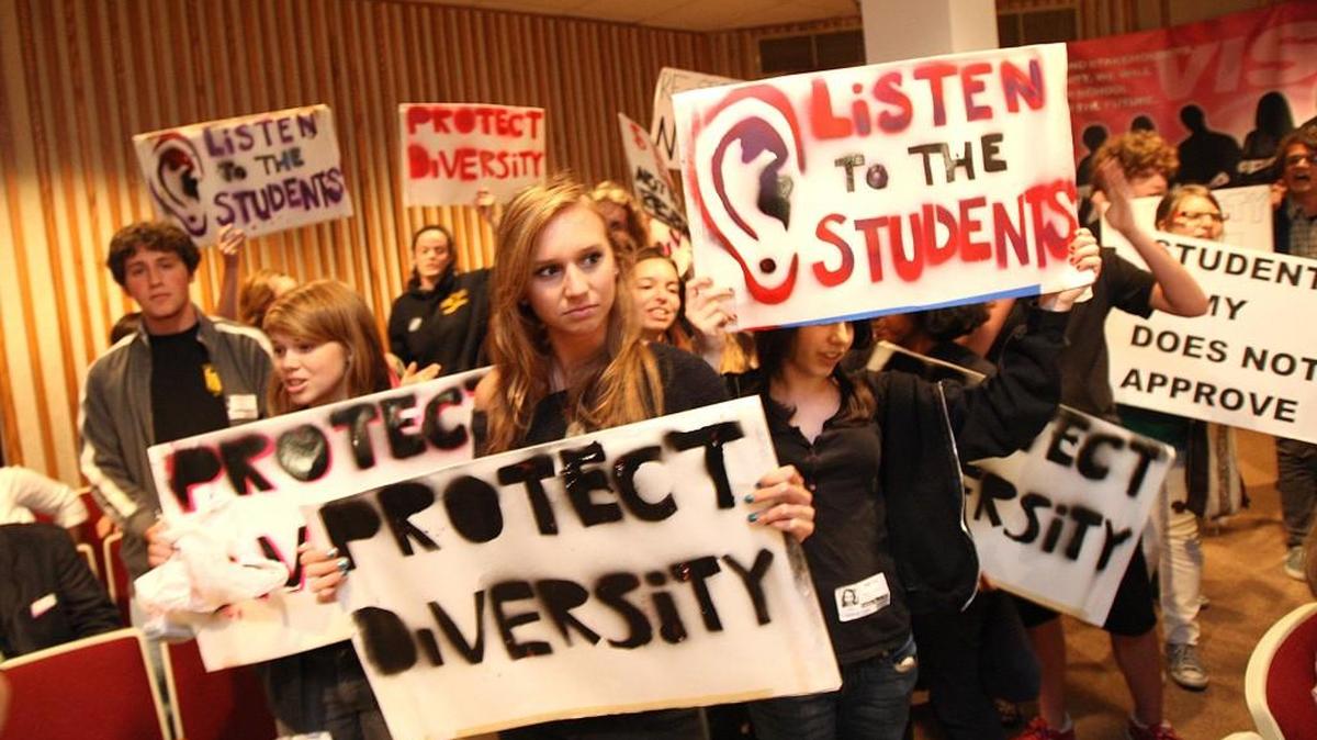 
At a 2010 Wake County school board meeting, protesters shouted, ‘Hey, hey, ho, ho, resegregation has to go.’ 
