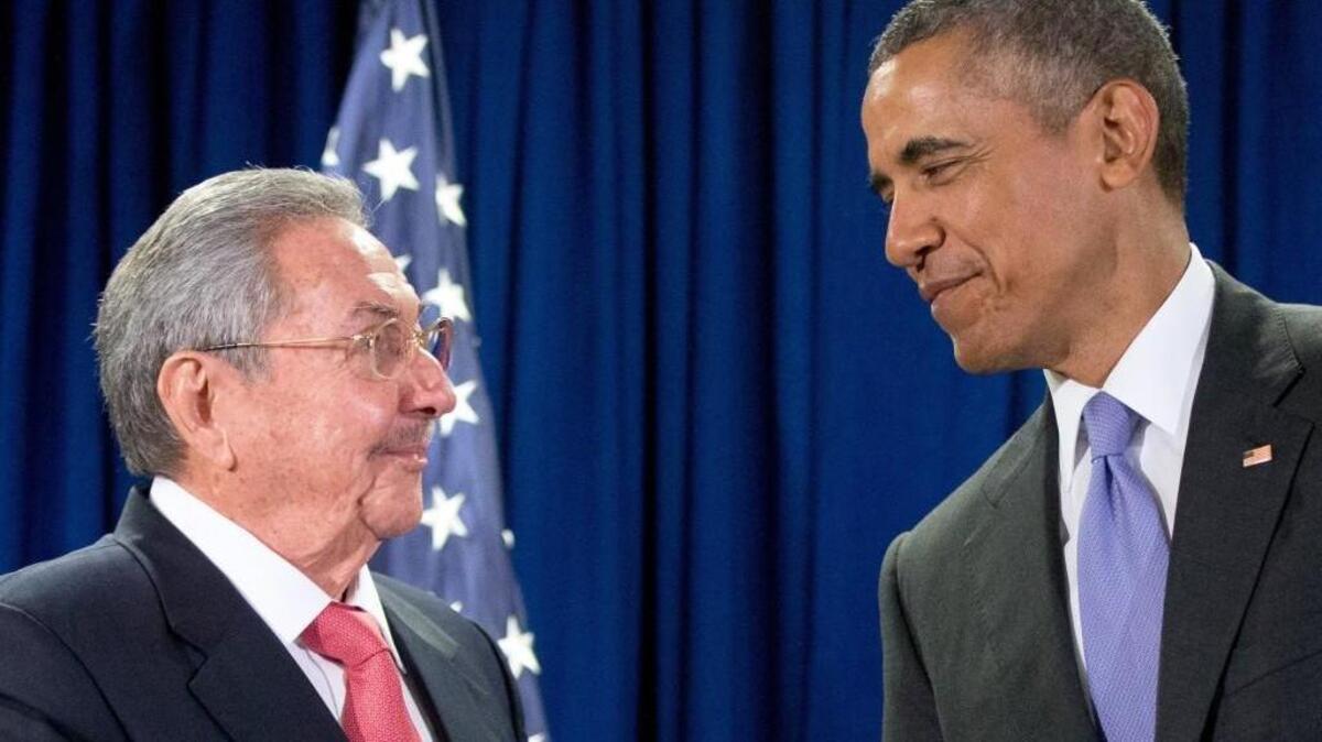 President Barack Obama talks with Cuban President Raul Castro before a bilateral meeting, Tuesday, Sept. 29, 2015, at the United Nations headquarters.