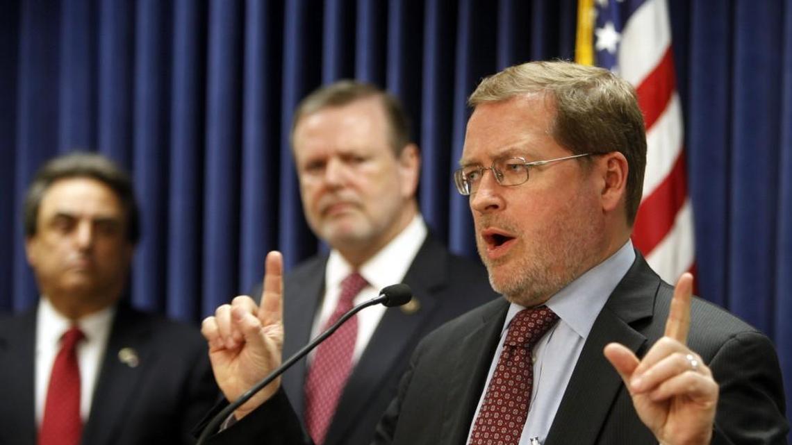 Grover Norquist , right, a conservative libertarian and founder and president of Americans for Tax Reform, speaks to members of the media on Thursday, May 16, 2013 at the N.C. General Assembly. Addressing issues of tax reform with Republican Senators Bob Rucho, left, and Phil Berger, center. Berger and Rucho went on to push through major cuts in the state’s corporate and personal income taxes.