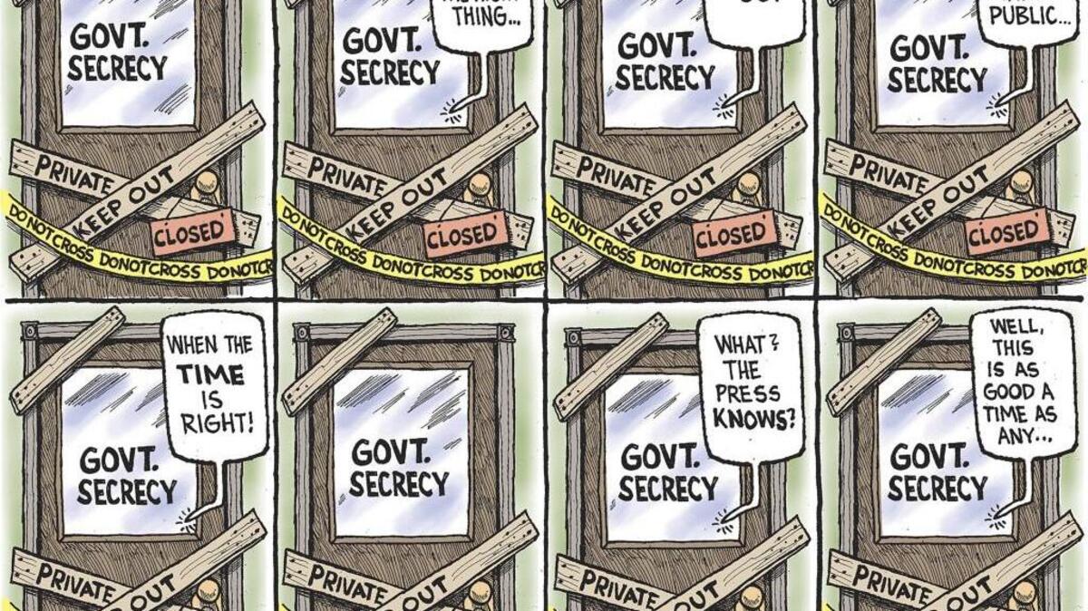 This editorial cartoon provided by Kevin Siers of the Charlotte (N.C.) Observer in February 2017 shows his editorial cartoon made for 2017's Sunshine Week. In 2005, the American Society of Newspaper Editors launched the first national Sunshine Week, a celebration of access to public information that has been held every year since to coincide with the March 16 birthday of James Madison, father of the U.S. Constitution and a key advocate of the Bill of Rights.