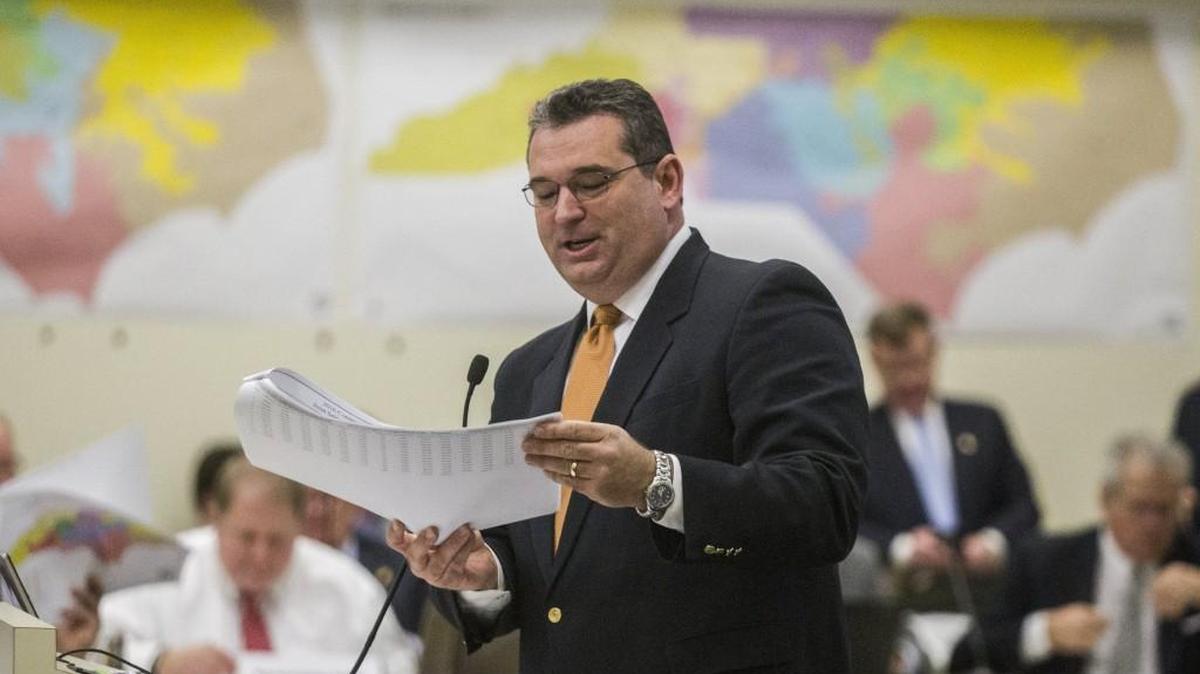 NC redistricting chairman Rep. David Lewis (R-Harnett) explains proposed redistricting maps during a redistricting committee meeting in February at the Legislative office Building in Raleigh.