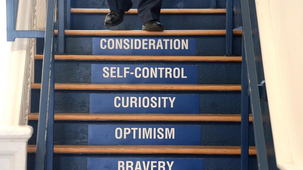 Some of the principles the Maureen Joy Charter School promotes are available for students to be reminded of whenever they use the stairs at the school located in Durham, N.C. Tuesday, Dec. 20, 2016. Maureen Joy Charter School is a K-8 public charter school and is tuition free and open to the public.