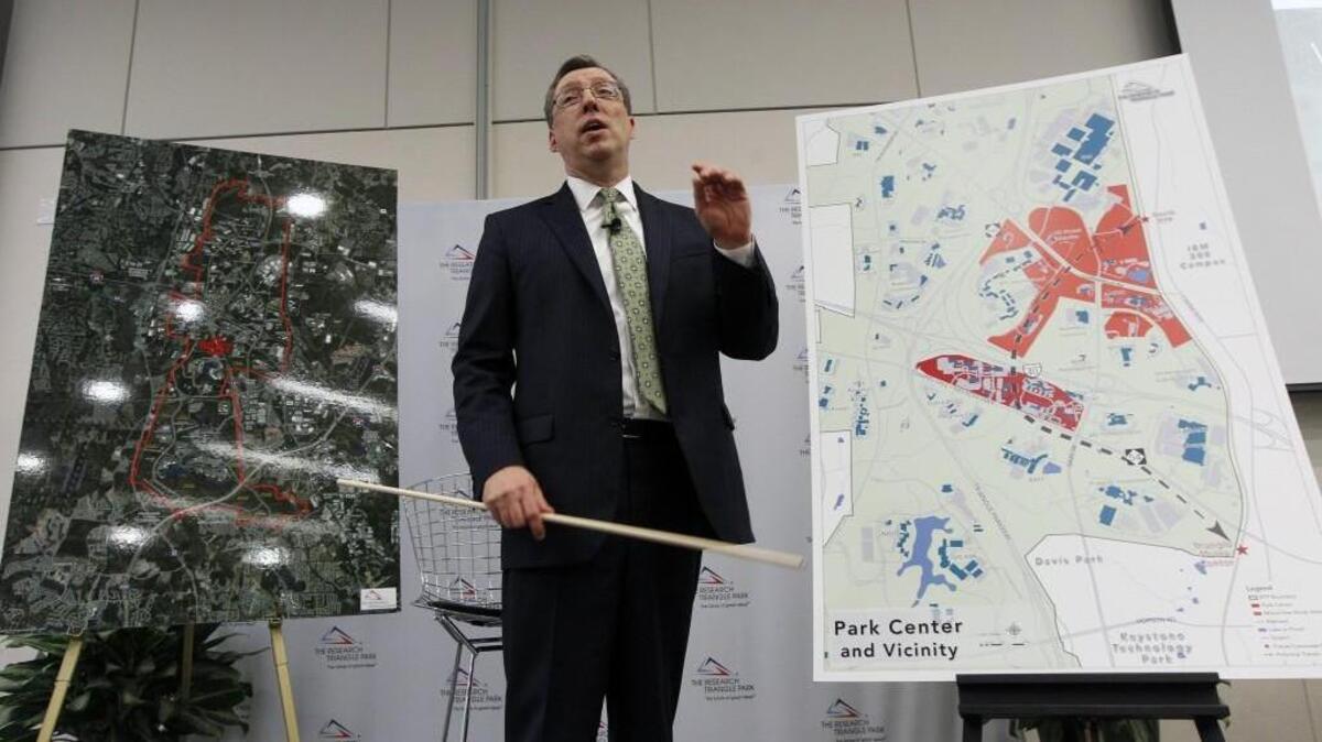 
Bob Geolas, President and CEO of Research Triangle Foundation of N.C., unveiled a plan for recently acquired property during a ceremony held at the RTP NC on Feb. 3, 2014. 
