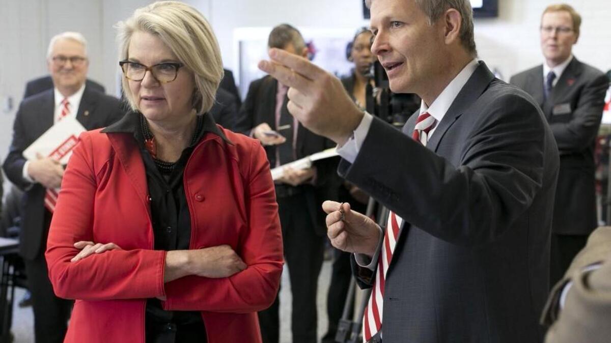 Dr. Denis Marcellin-Little with the College of Veterinary Medicine talks with UNC President Margaret Spellings during a visit to the The Center for Additive Manufacturing and Logistics at Daniels Hall on the N.C. State campus on Wednesday April 20, 2016 in Raleigh, N.C.