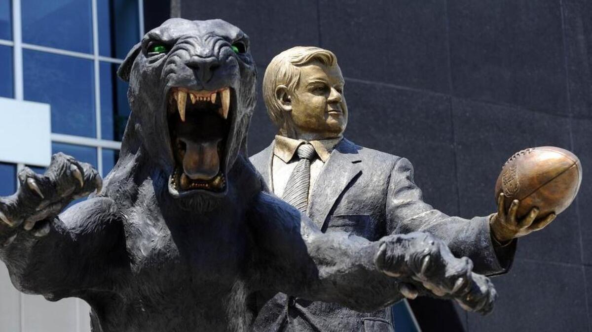 A view of the new sculpture called “The Tribute”, created by California artist Todd Andrews in honor of  Carolina Panthers  team owner Jerry Richardson , who turned 80 on Monday, July 18, 2016. The Carolina Panthers Partners presented the sculpture to Richardson and his family during a ceremony on Monday.