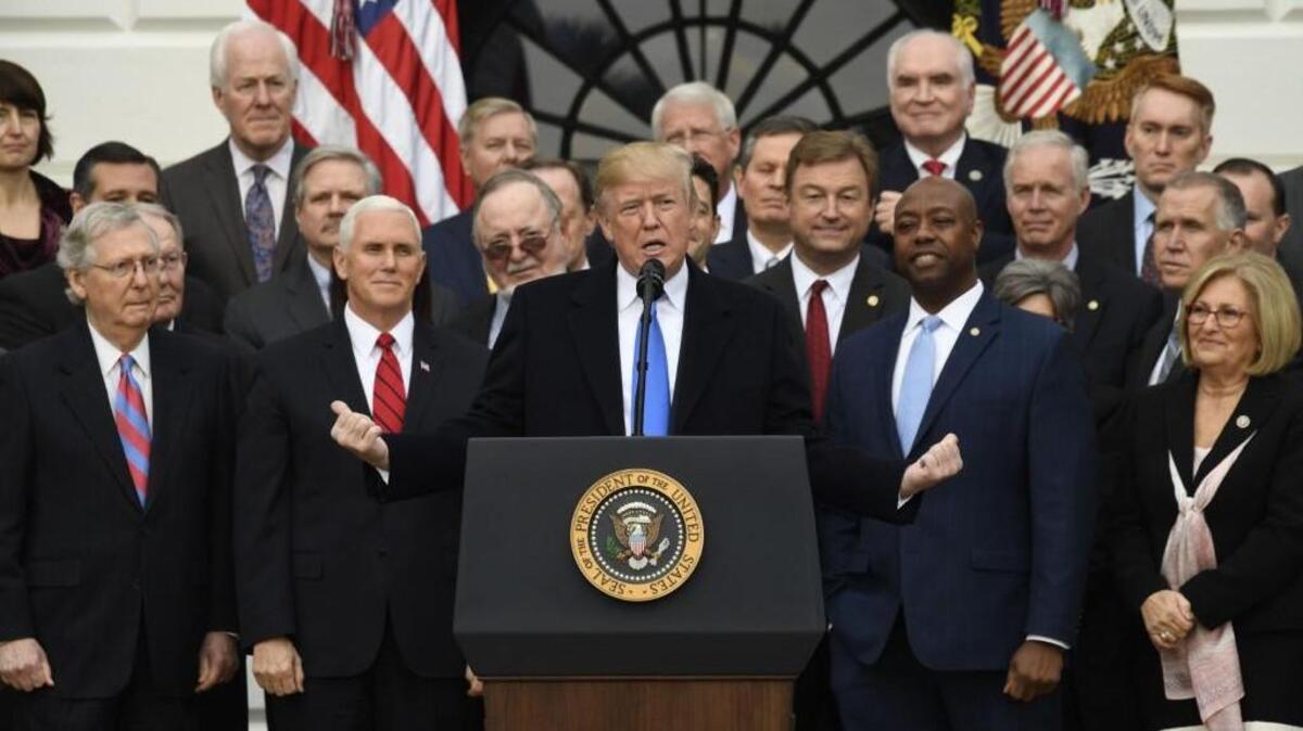 US President Donald Trump speaks about the passage of tax reform legislation on the South Lawn of the White House in Washington, DC, December 20, 2017.