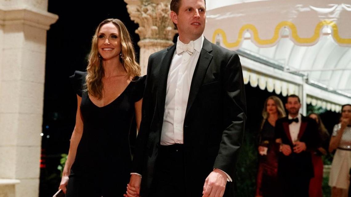 Eric Trump and his wife Lara Trump arrive for a New Year's Eve gala at Mar-a-Lago resort, Sunday, Dec. 31, 2017, in Palm Beach, Fla.