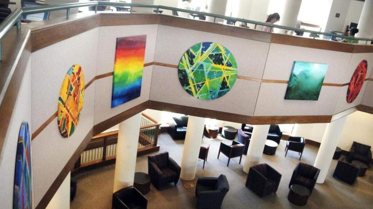Nan Gressman's vivid artwork livens up the rotunda at UNC's School of Law building.